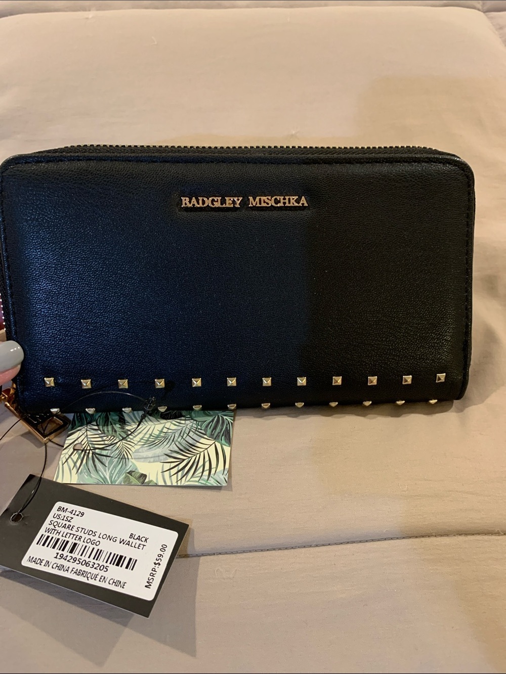 Badgley Mischka Black Studded Long Zip Wallet
